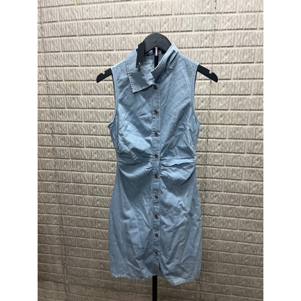 Lulus Light Blue Ruched Sleeveless Button Down Chambray Mini Dress XS NEW